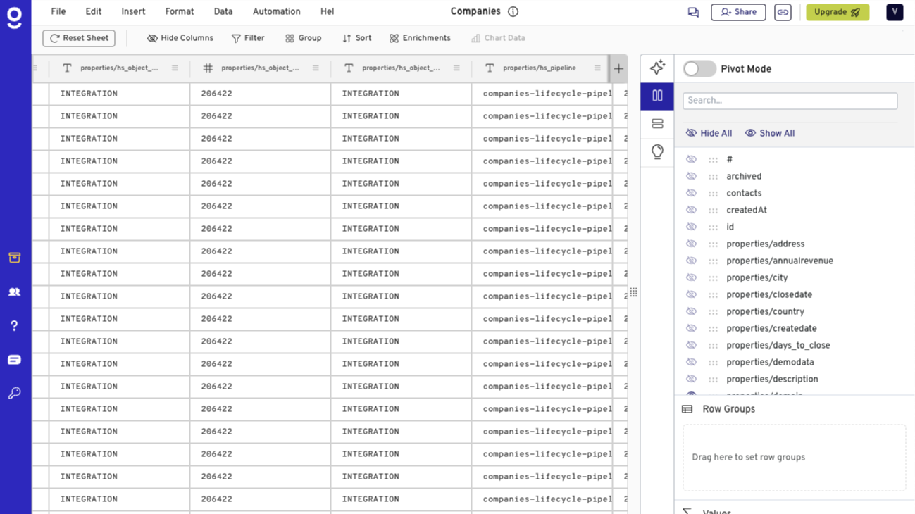 Wrangle 1B+ rows of HubSpot data in a spreadsheet UI
